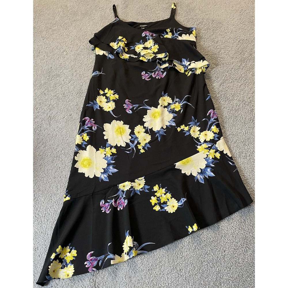 Roz Ali Layered Floral Dress 16 Black Yellow Slanted Hem Sleeveless Boho Party - Picture 4 of 13